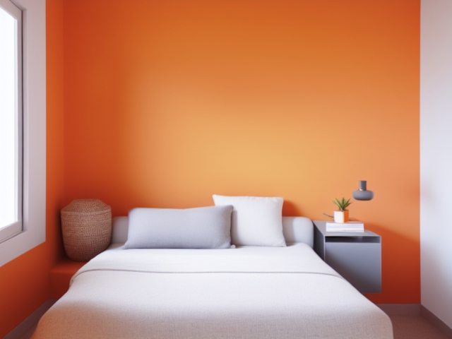 オレンジ色の壁紙の寝室写真